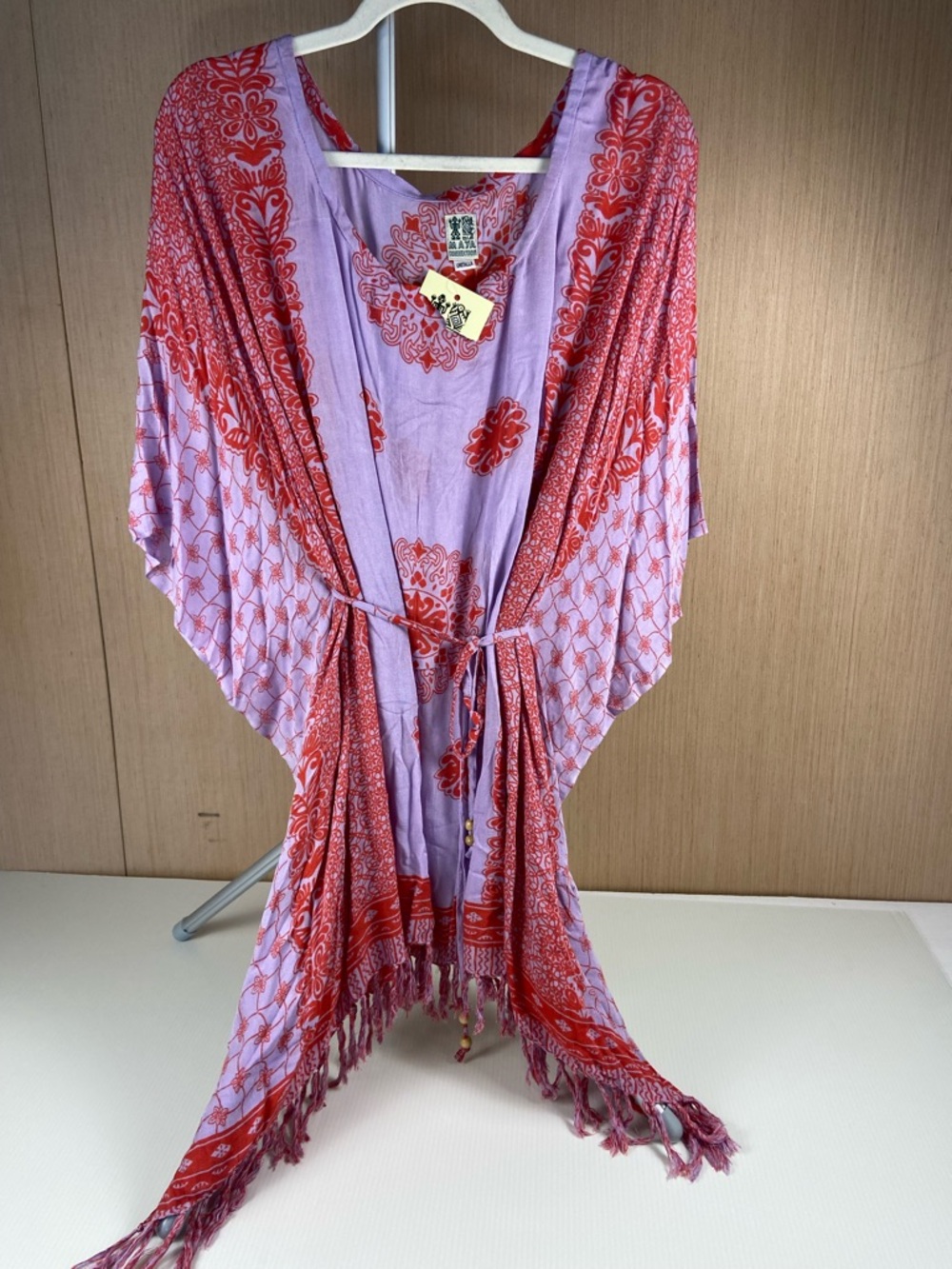 Maya Connection Boho Kimono Cover Up Purple Red Rayon Fringe OS